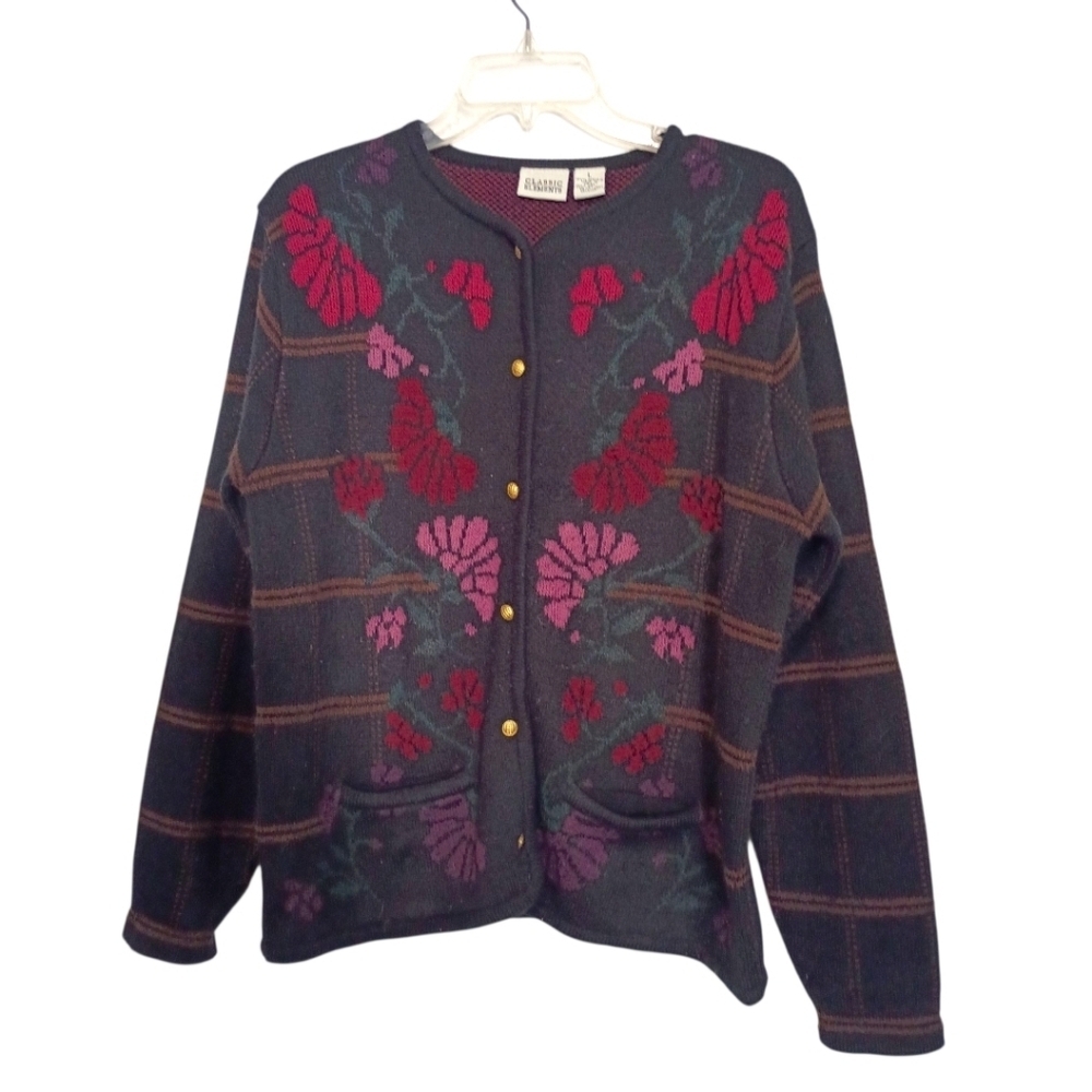 Classic Elements Black Cardigan with Red and Purple Floral Design- Large